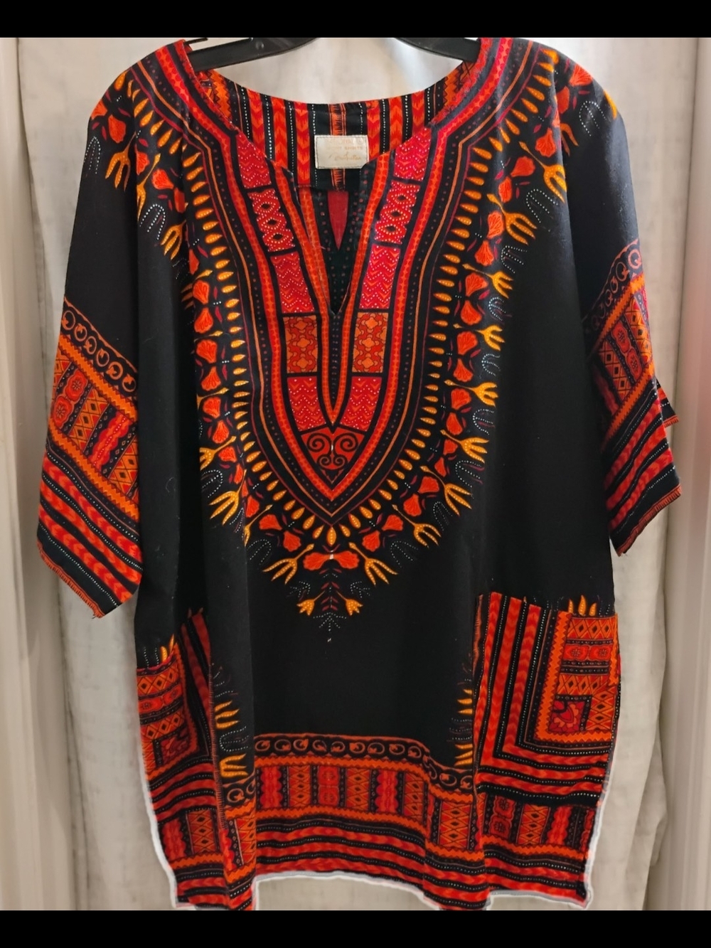 Black Men's Short Sleeve Shirt with Red & Orange Ethnic Print. L